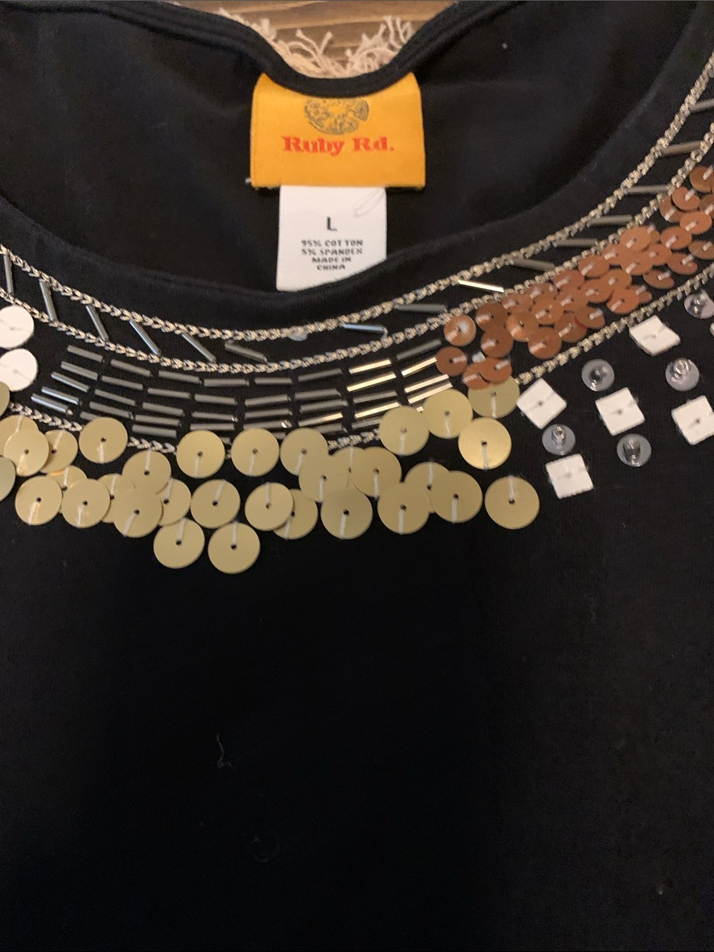 Ruby Rd. Black Necklace Top with Gold and Bronze Sequins